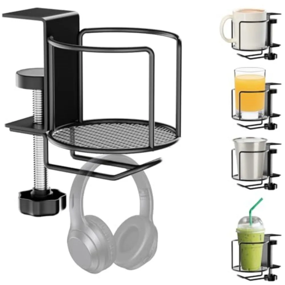 Headphone Stand Desk - 2-in-1調節可能なデスクカップホルダー、こぼれ防止ボトルホルダー、テーブルカップフック、ヘッドホンハンガースタンド付きドリンクホルダー